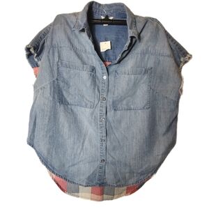 Cato Boho Festival Denim & Plaid Button-Up Top Western Vibes‎ with a Twist New S